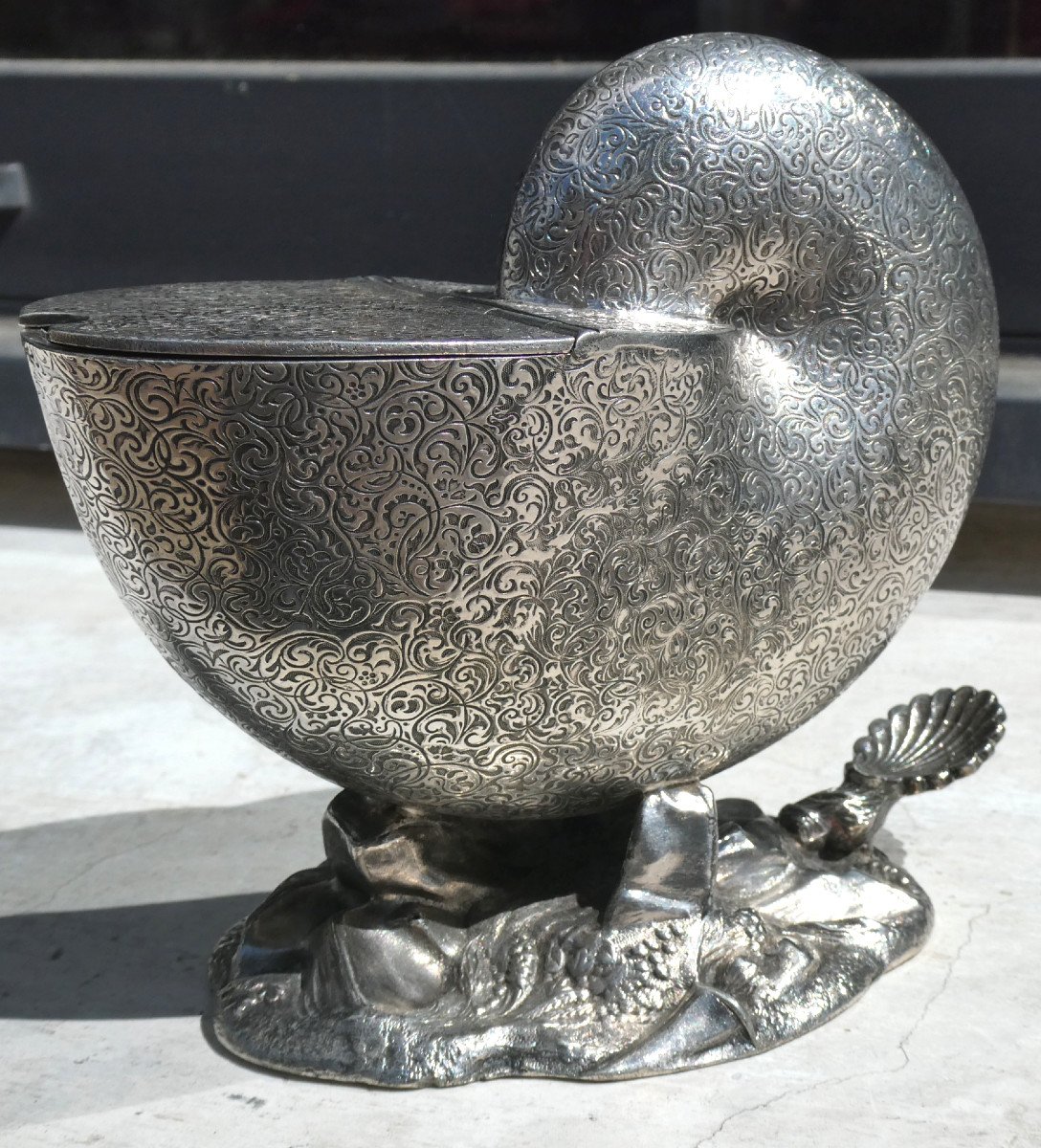 Shell / Nautilus In Silver Metal, English Spoon Warmer, 1900 Period, Tableware-photo-3