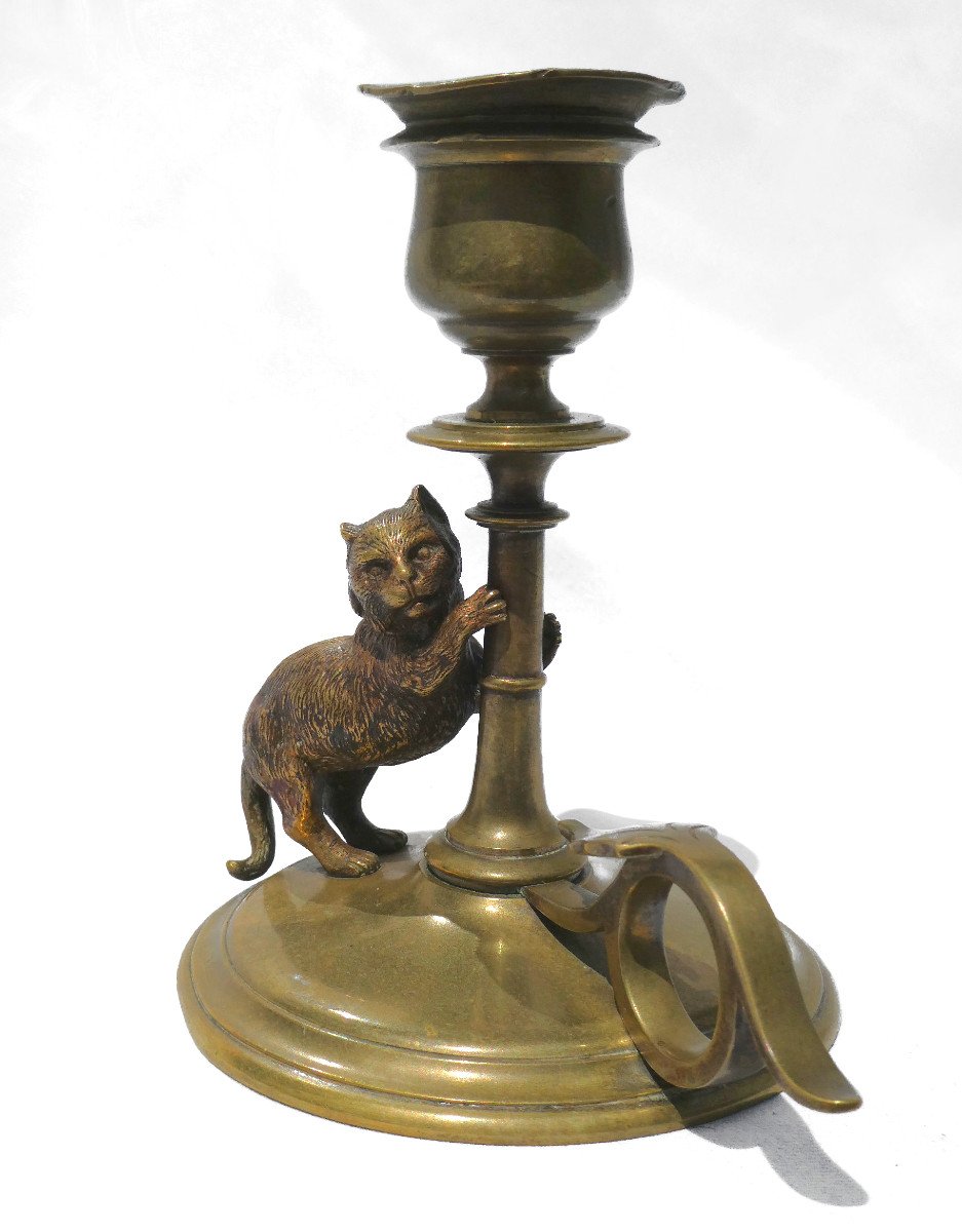 Bougeoir à Main En Laiton & Bronze De Vienne , Chat , Sujet Animalier XIXe , Napoléon III