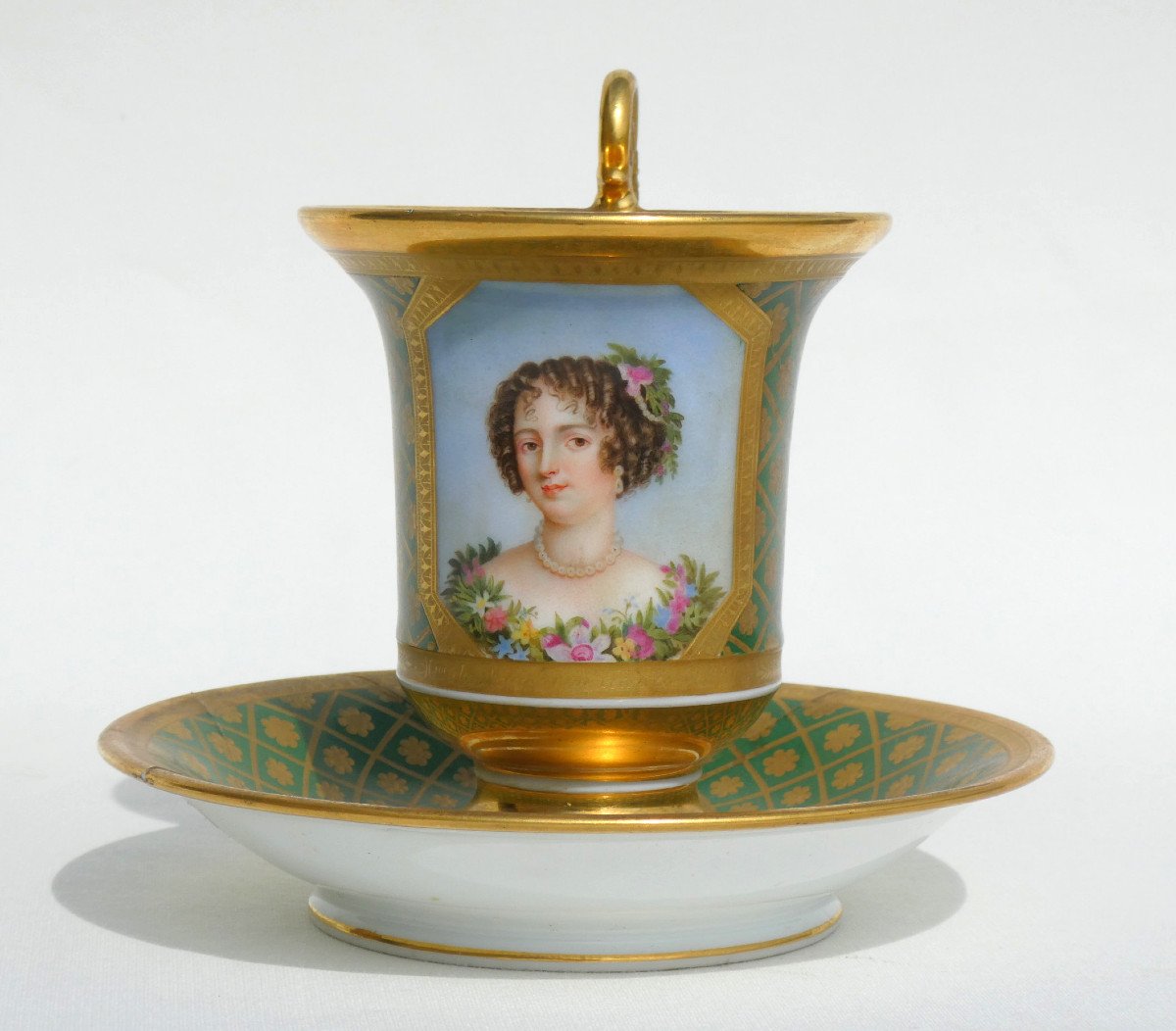 Empire Style Paris Porcelain Cup, Painted Portrait Of Madame De Maintenon, Circa 1820 19th