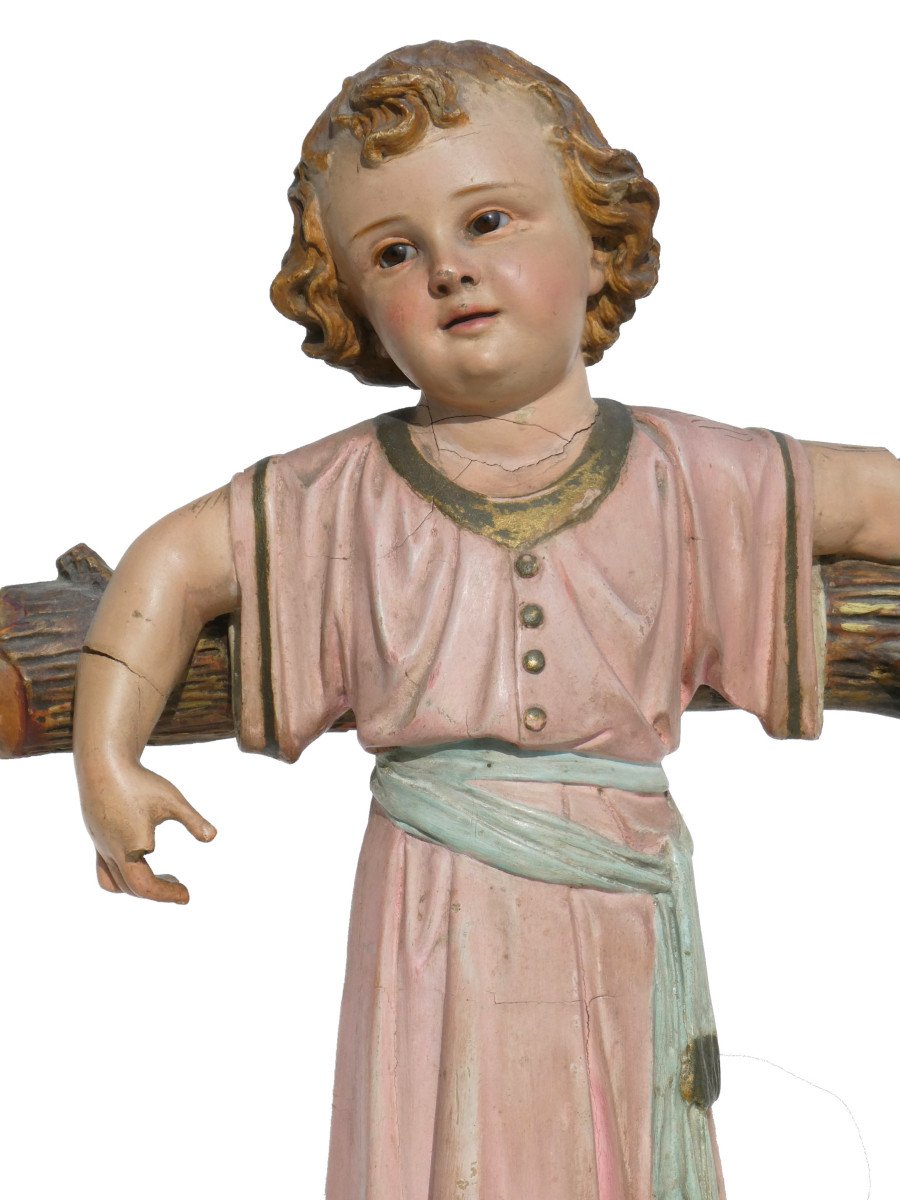 Sculpture Religieuse époque 1900 , Enfant Jesus , Bois Polychrome , Yeux En Sulfure , Statue-photo-2