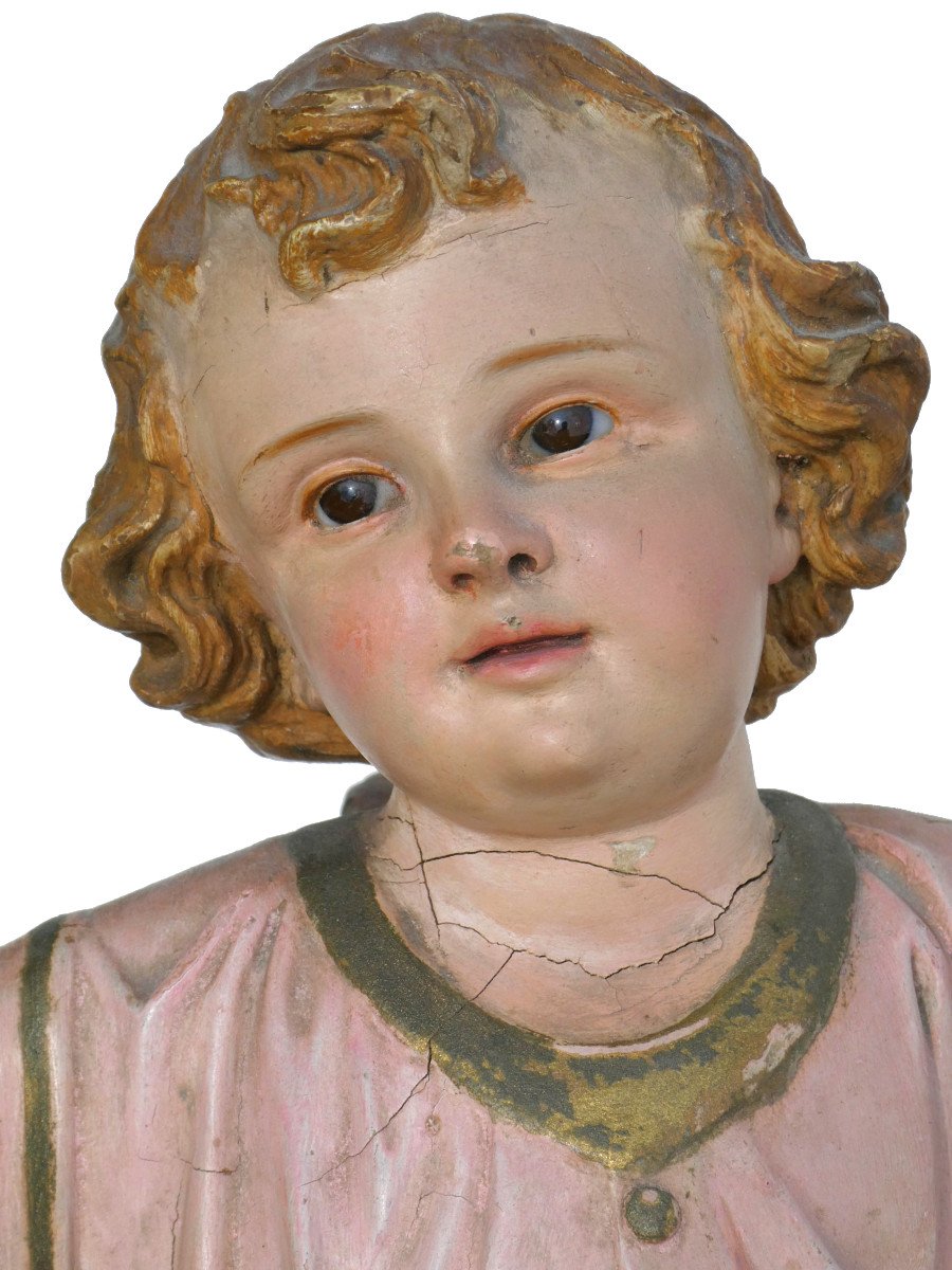 Sculpture Religieuse époque 1900 , Enfant Jesus , Bois Polychrome , Yeux En Sulfure , Statue-photo-3