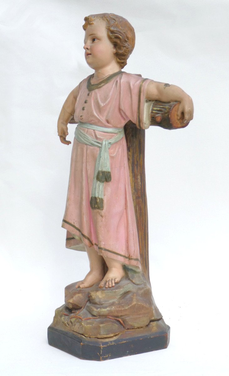 Sculpture Religieuse époque 1900 , Enfant Jesus , Bois Polychrome , Yeux En Sulfure , Statue-photo-4