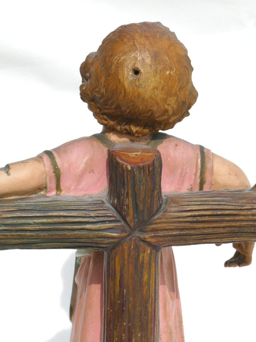 Sculpture Religieuse époque 1900 , Enfant Jesus , Bois Polychrome , Yeux En Sulfure , Statue-photo-1