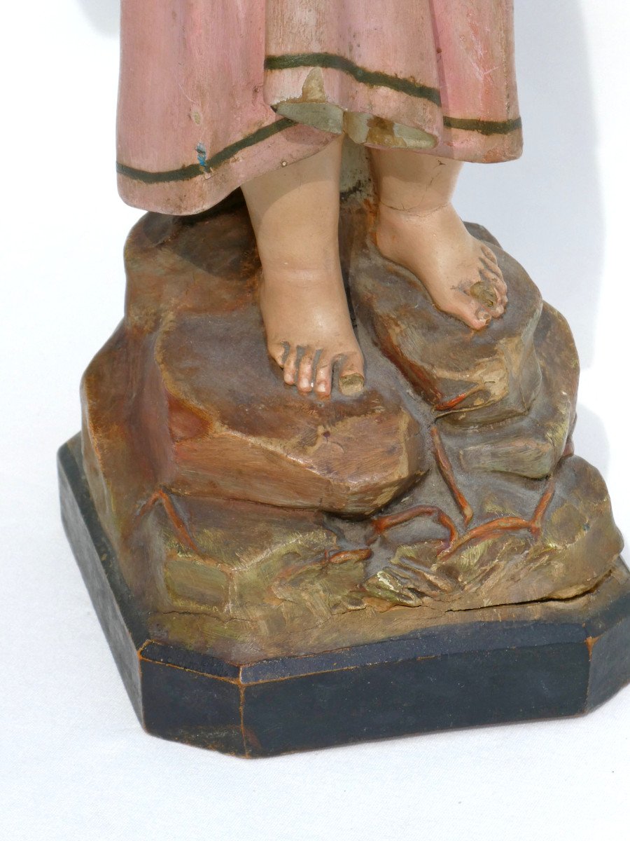 Sculpture Religieuse époque 1900 , Enfant Jesus , Bois Polychrome , Yeux En Sulfure , Statue-photo-2