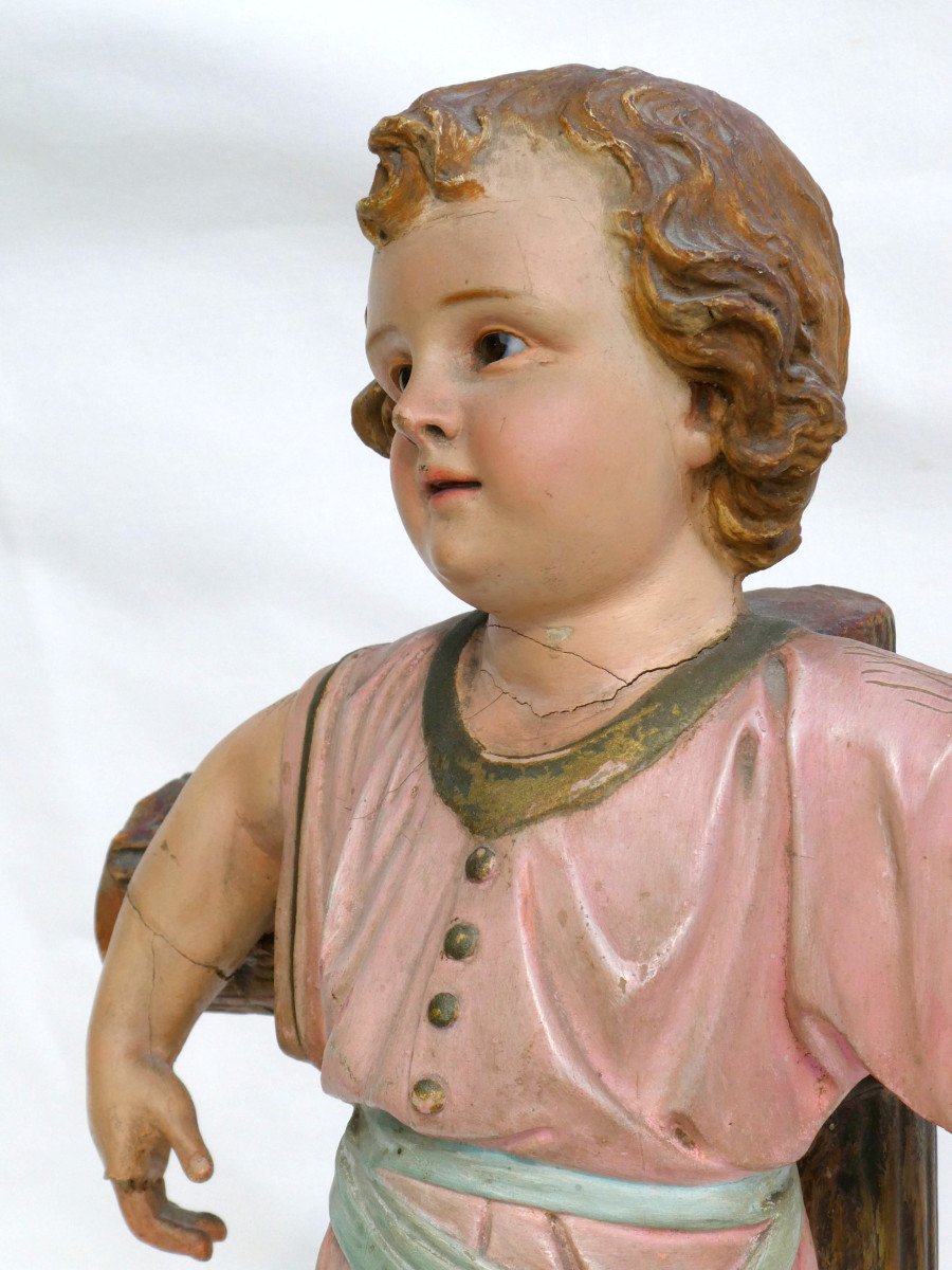 Sculpture Religieuse époque 1900 , Enfant Jesus , Bois Polychrome , Yeux En Sulfure , Statue-photo-3