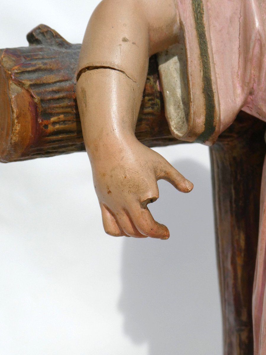 Sculpture Religieuse époque 1900 , Enfant Jesus , Bois Polychrome , Yeux En Sulfure , Statue-photo-5