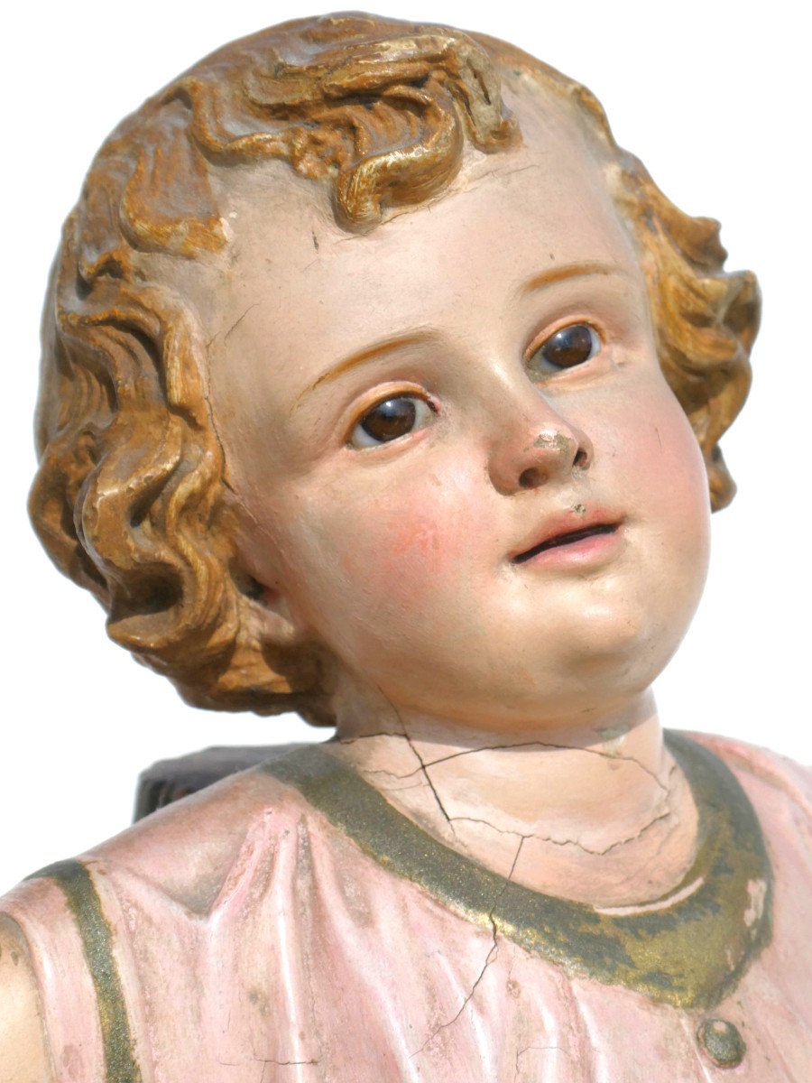 Sculpture Religieuse époque 1900 , Enfant Jesus , Bois Polychrome , Yeux En Sulfure , Statue-photo-6