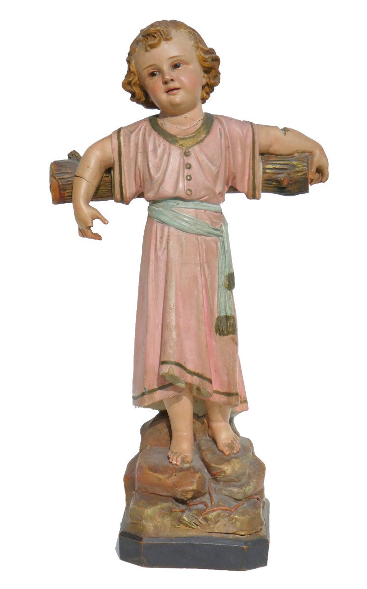 Sculpture Religieuse époque 1900 , Enfant Jesus , Bois Polychrome , Yeux En Sulfure , Statue