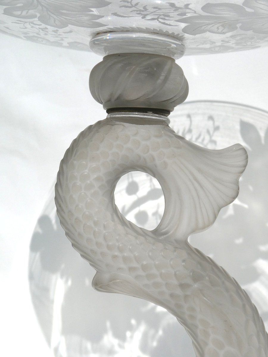 Large Cup / Table Centerpiece In Baccarat Crystal, 19th Century Napoleon III Dolphin Decor-photo-1