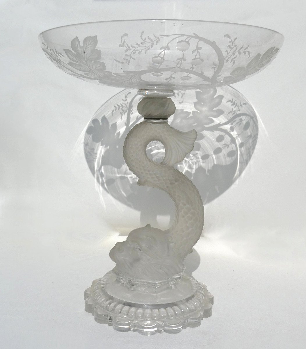 Grande Coupe / Centre De Table En Cristal De Baccarat , Décor Au Dauphin XIXe Napoléon III-photo-2