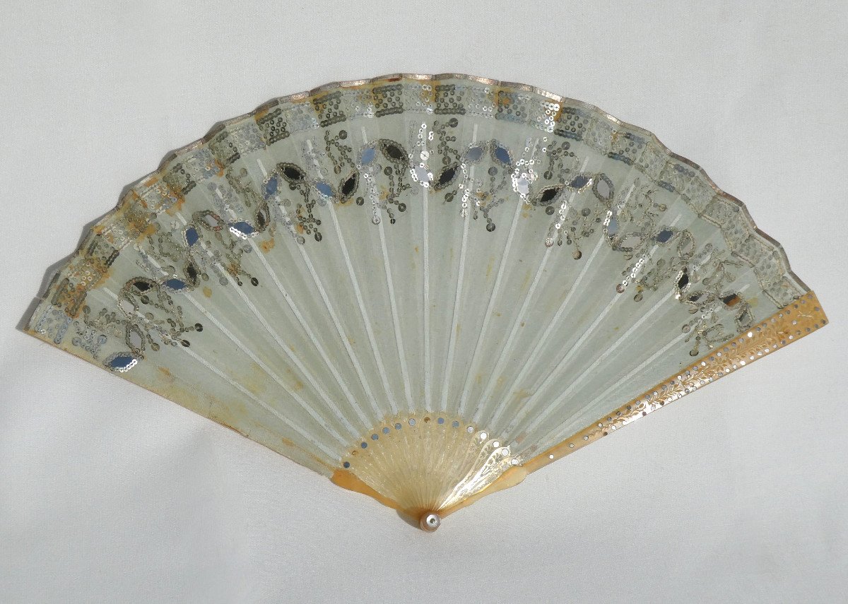 Fan From The 1820s, Blonde Horn And Silver Pastilles; Paris Case, Early 19th Century Charles-photo-2