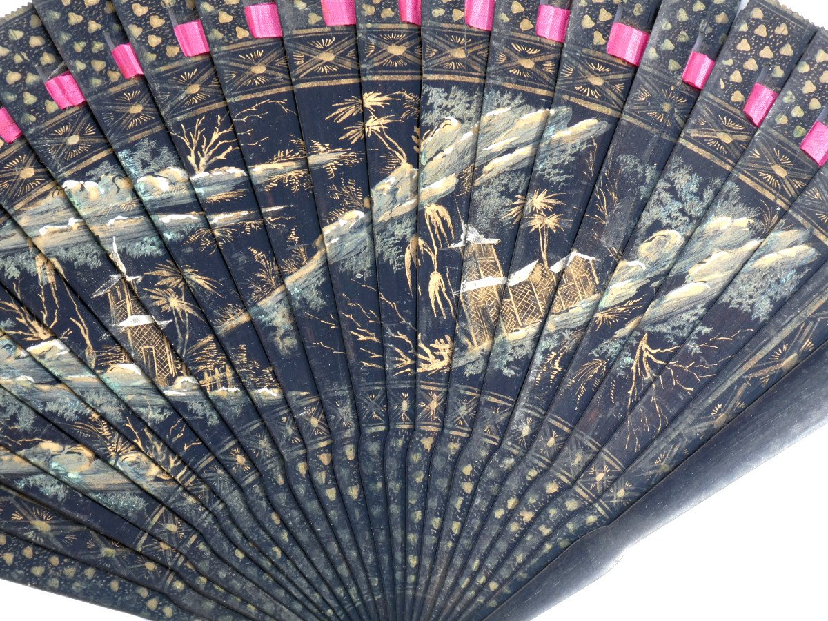 Broken Fan Charles X Period, 19th Century Chinese Lacquer, Chinese Landscape, 1820 Case-photo-4