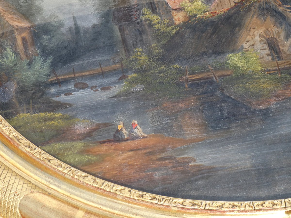 Peinture En Fixé Sous Verre époque Napoléon III , Paysage Champetre , Personnages à La Riviere-photo-4