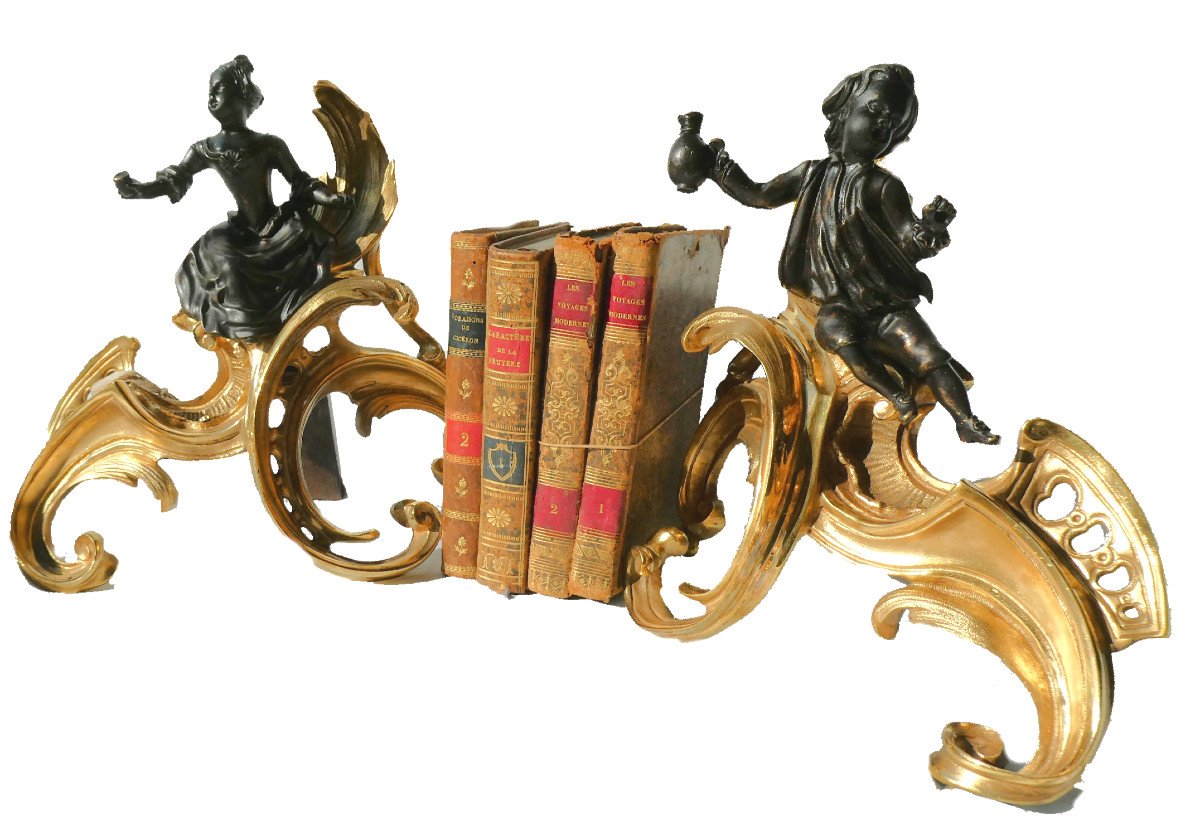 Pair Of Gilt & Patinated Bronze Andirons, 18th Century Style, Young Couple Bookends, Napoleon III-photo-2