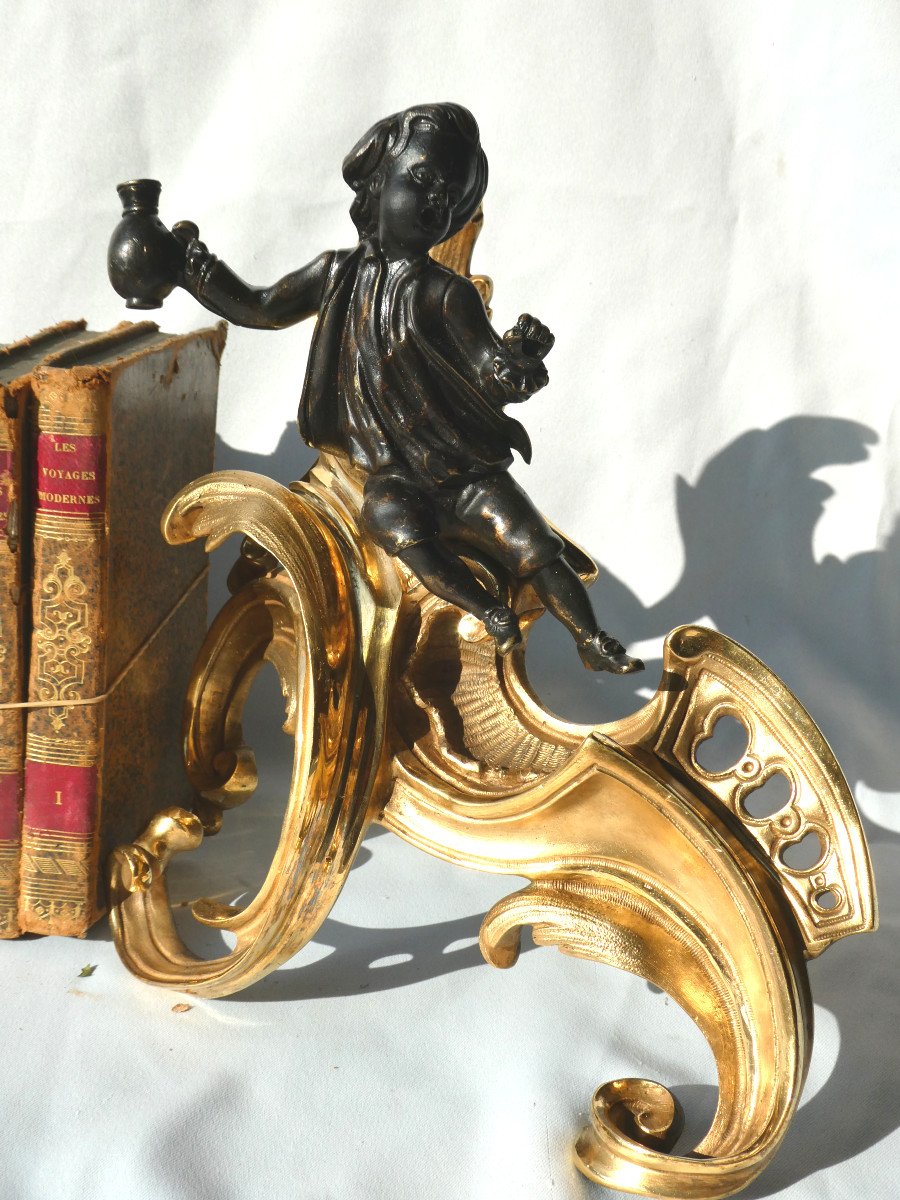 Pair Of Gilt & Patinated Bronze Andirons, 18th Century Style, Young Couple Bookends, Napoleon III-photo-3