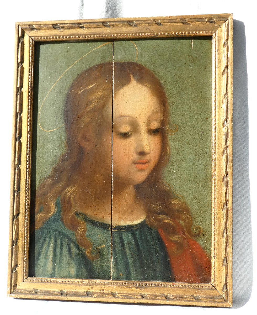 Oil On Wood Panel 19th Century Saint Character Portrait, Angel Gabriel, Virgin