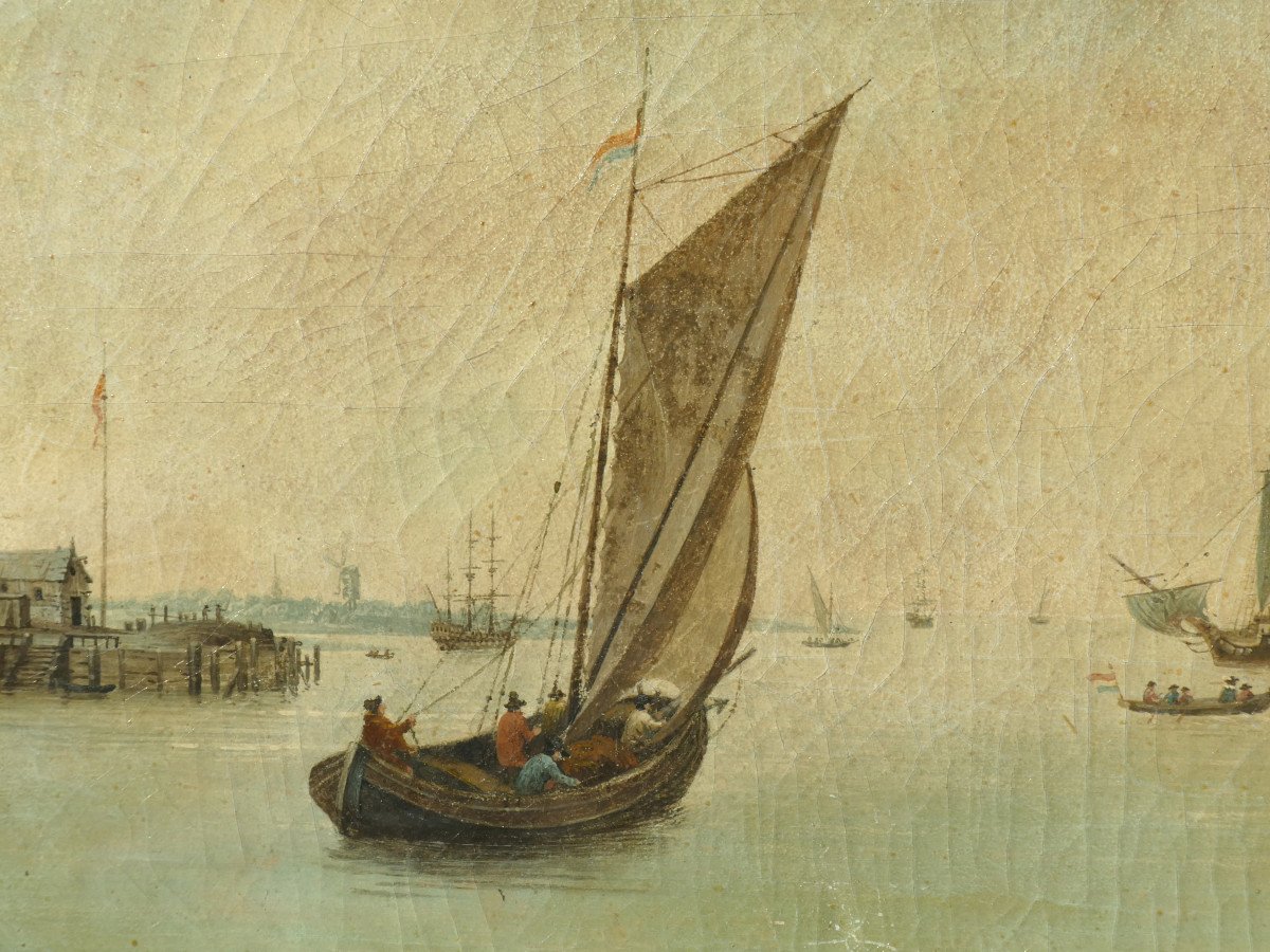 Marine, Oil On Canvas 19th Century, Anglo-dutch School, Sailing Ships In The Estuary, Boats-photo-2