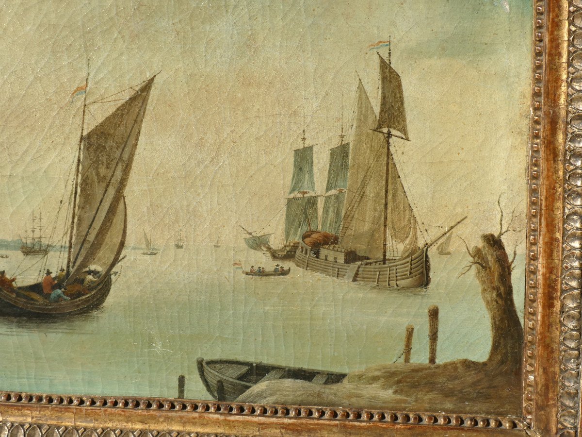 Marine, Oil On Canvas 19th Century, Anglo-dutch School, Sailing Ships In The Estuary, Boats-photo-3