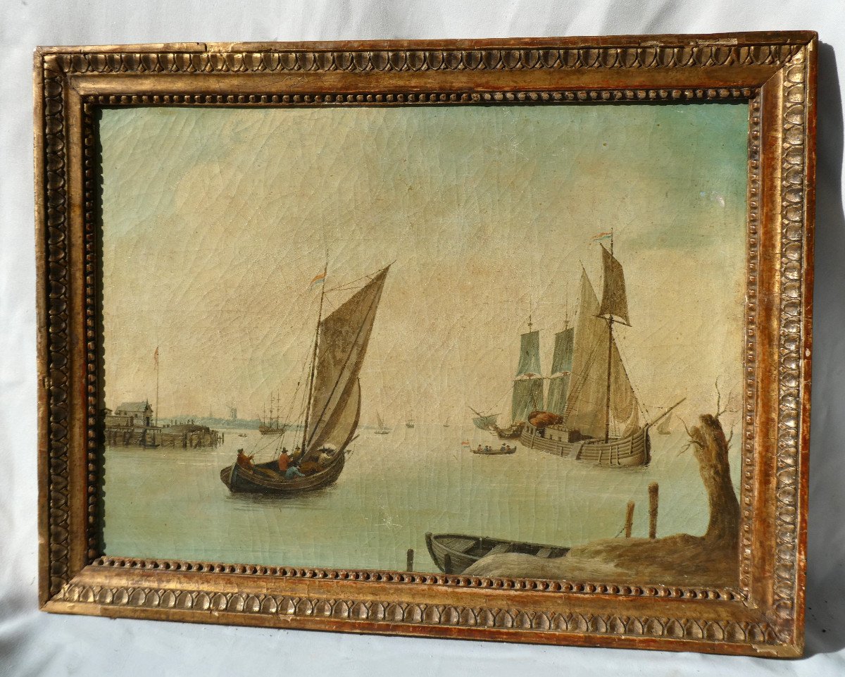 Marine, Oil On Canvas 19th Century, Anglo-dutch School, Sailing Ships In The Estuary, Boats