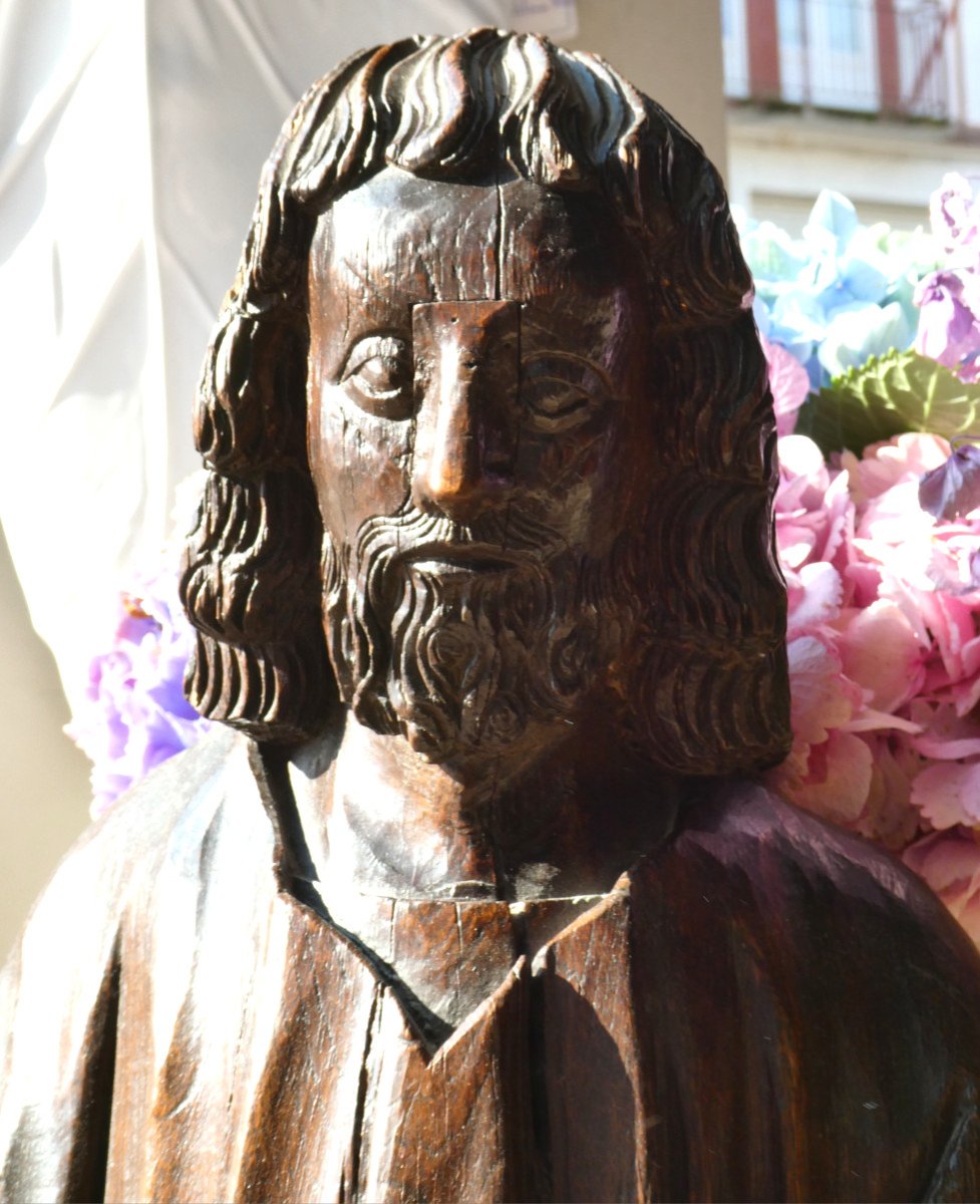 Large Carved Wooden Christ, Salvator Mundi, 18th Century Period, Holy Character Oak-photo-1