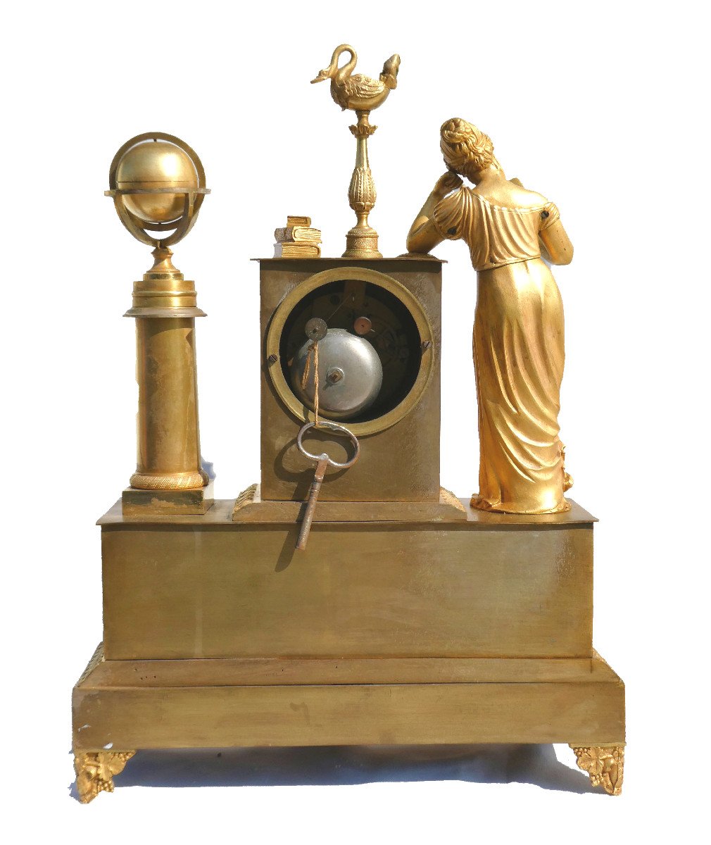 Pendule En Bronze Doré , Jeune Femme à l'Astronomie Vers 1810 - 1820 , Premier Empire XIXe -photo-7