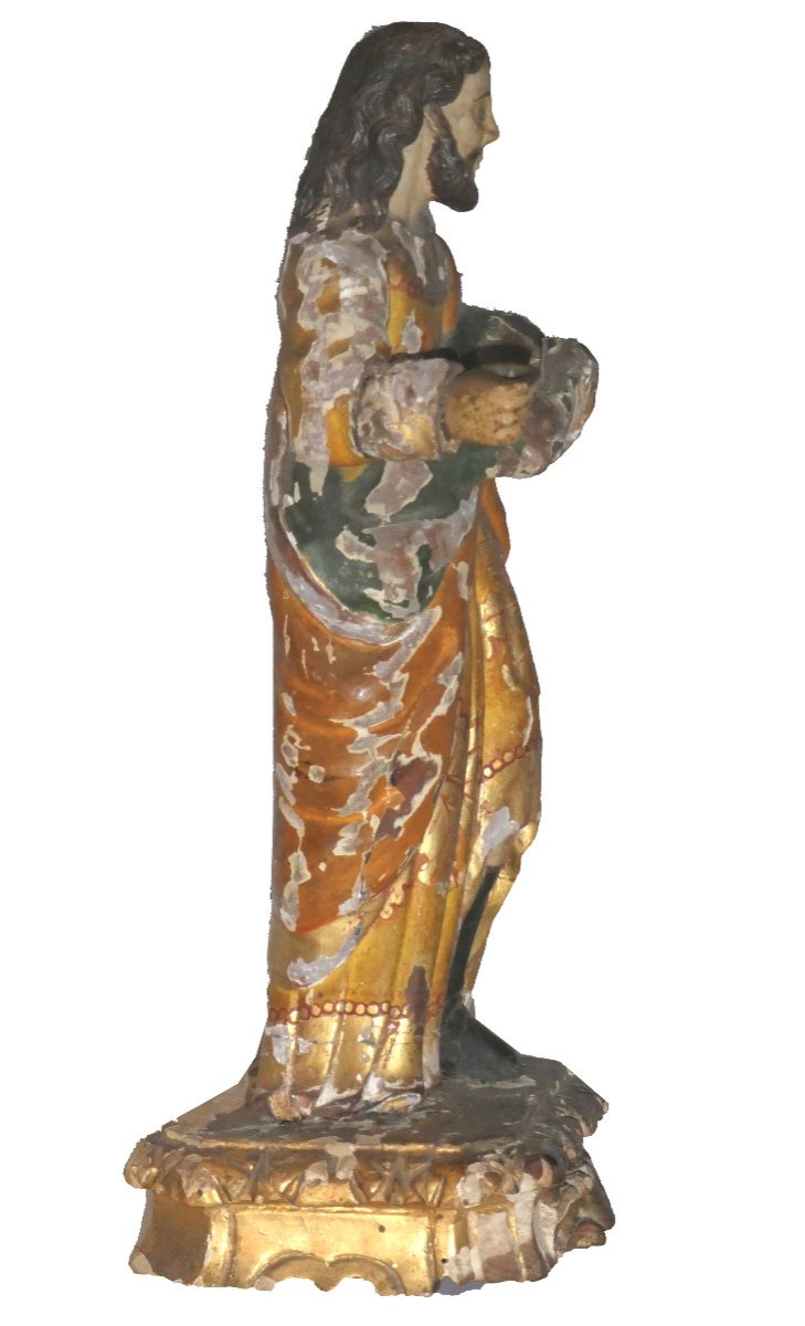 Polychrome Statue In Gilded Wood, 18th Century Period, Jesus, Saint Figure With Cushion-photo-3