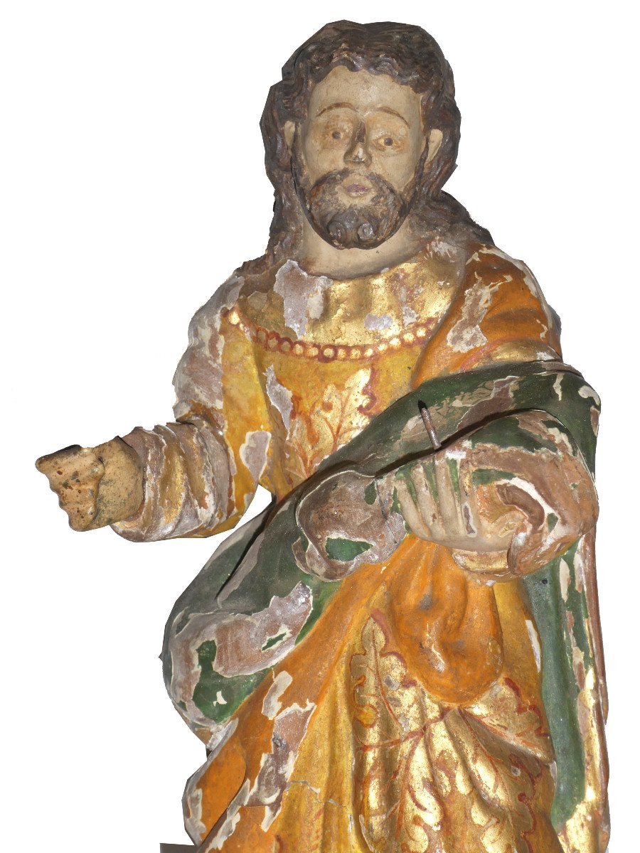 Polychrome Statue In Gilded Wood, 18th Century Period, Jesus, Saint Figure With Cushion-photo-4