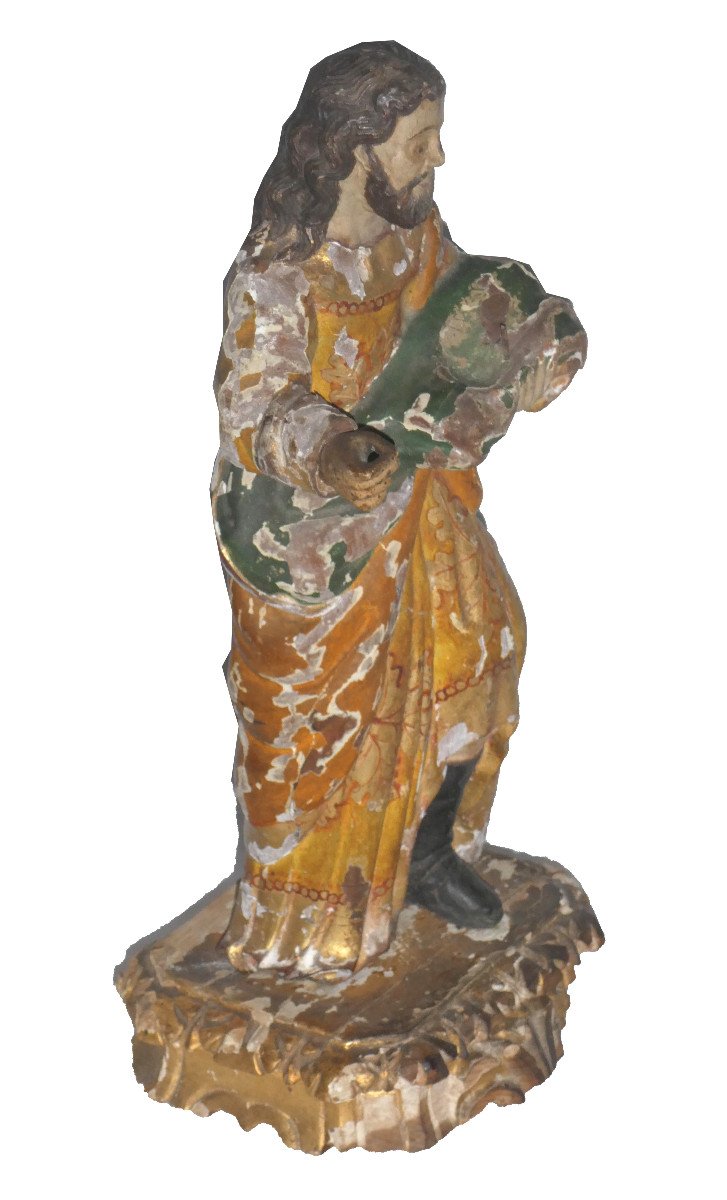 Polychrome Statue In Gilded Wood, 18th Century Period, Jesus, Saint Figure With Cushion-photo-1