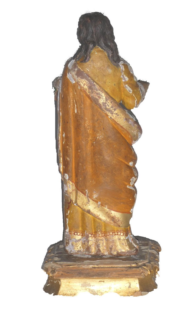 Polychrome Statue In Gilded Wood, 18th Century Period, Jesus, Saint Figure With Cushion-photo-2