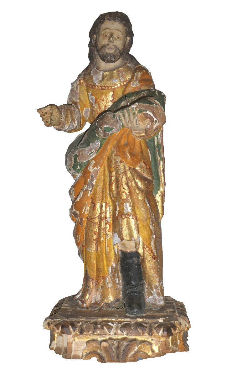 Polychrome Statue In Gilded Wood, 18th Century Period, Jesus, Saint Figure With Cushion