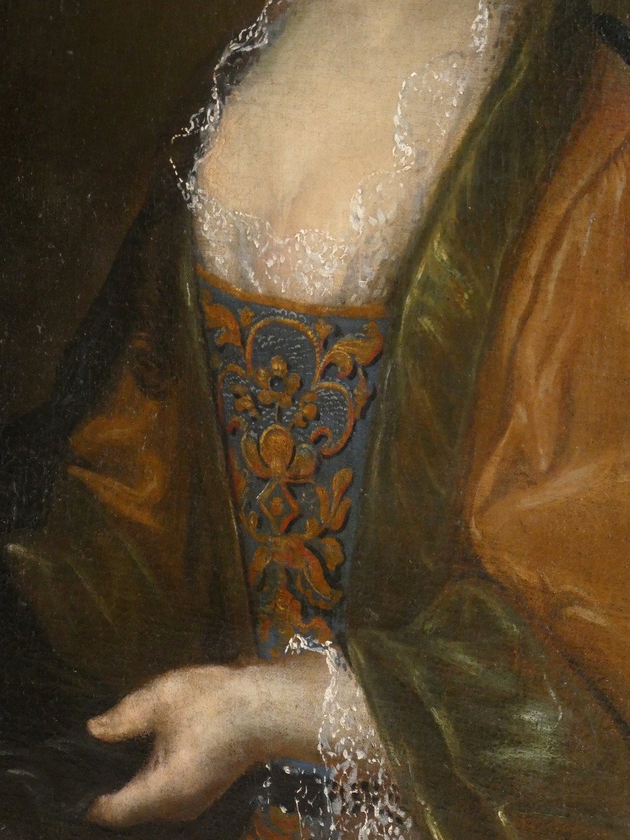 Portrait De Femme XVIIIe , Huile Sur Toile , Vers 1720 , Grand Drap&eacute; Barroque , Noble , R&eacute;gence-photo-2