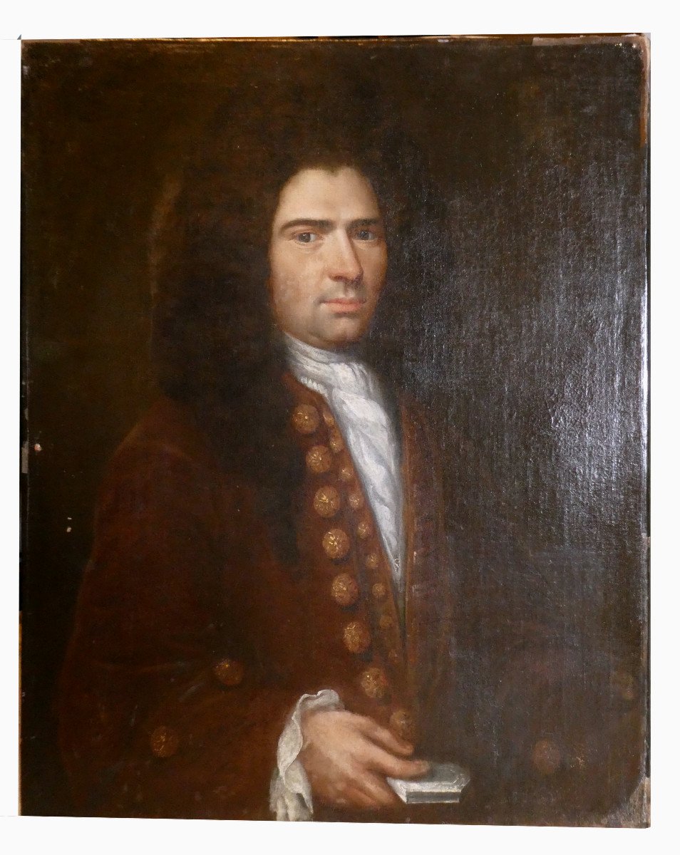 Oil On Canvas, 18th Century, Portrait Of A Man With A Snuffbox, Wig, Circa 1700 