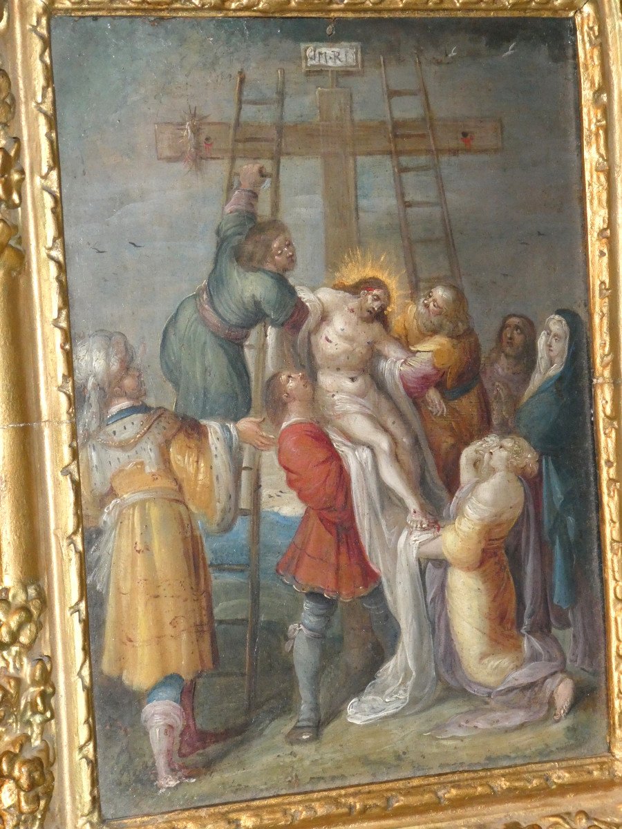 Oil On Copper, 17th Century, Descent From The Cross, Flemish School, Gilded Wood Frame-photo-2