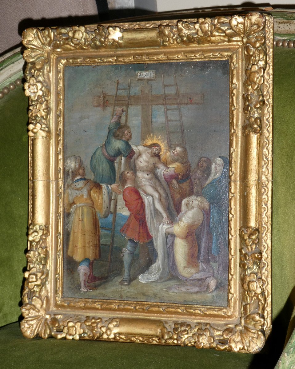 Oil On Copper, 17th Century, Descent From The Cross, Flemish School, Gilded Wood Frame