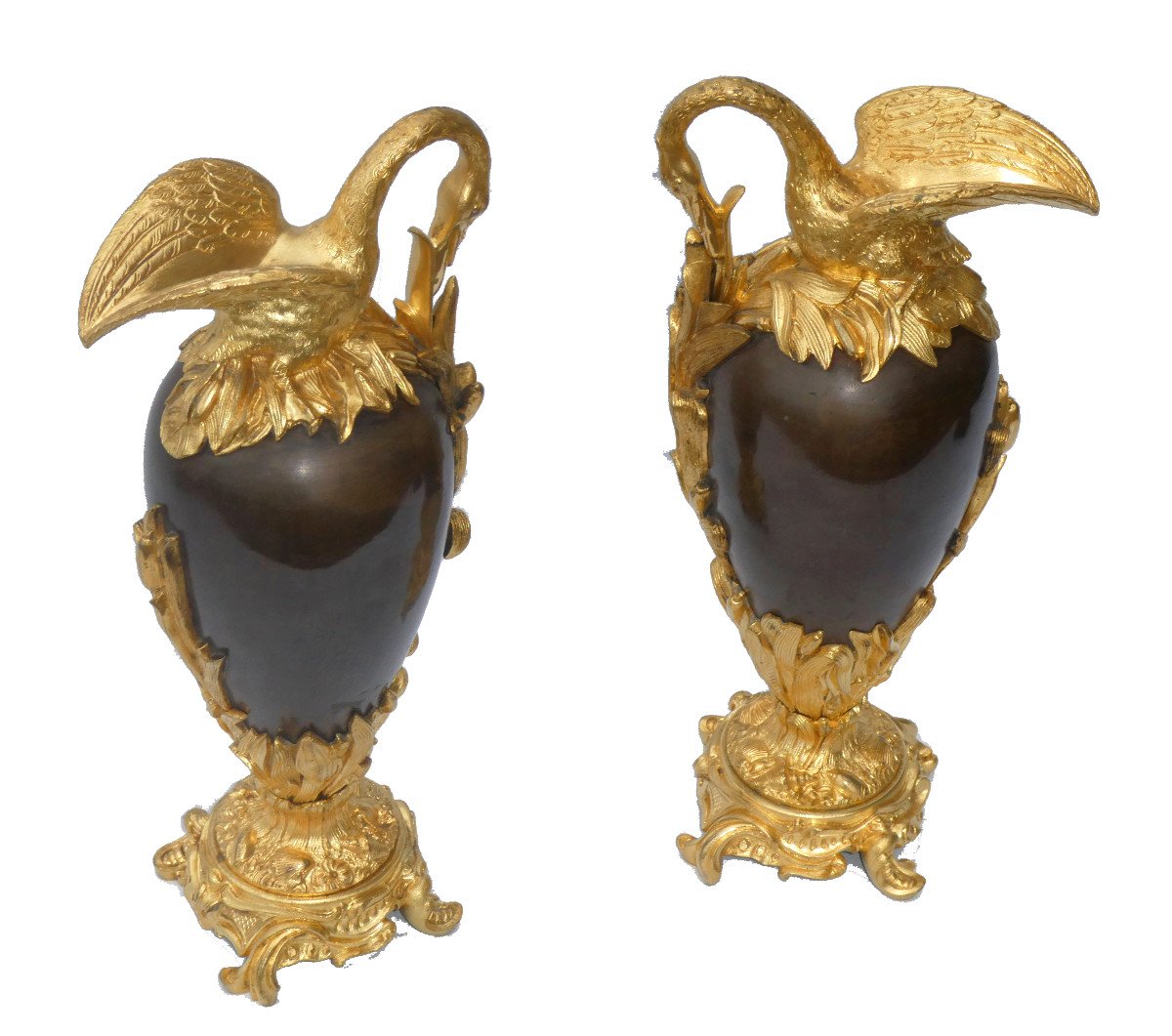 Paire De Cassolettes En Bronze Doré , époque Napoléon III Aiguieres XIXe , Cygne Style Empire-photo-2