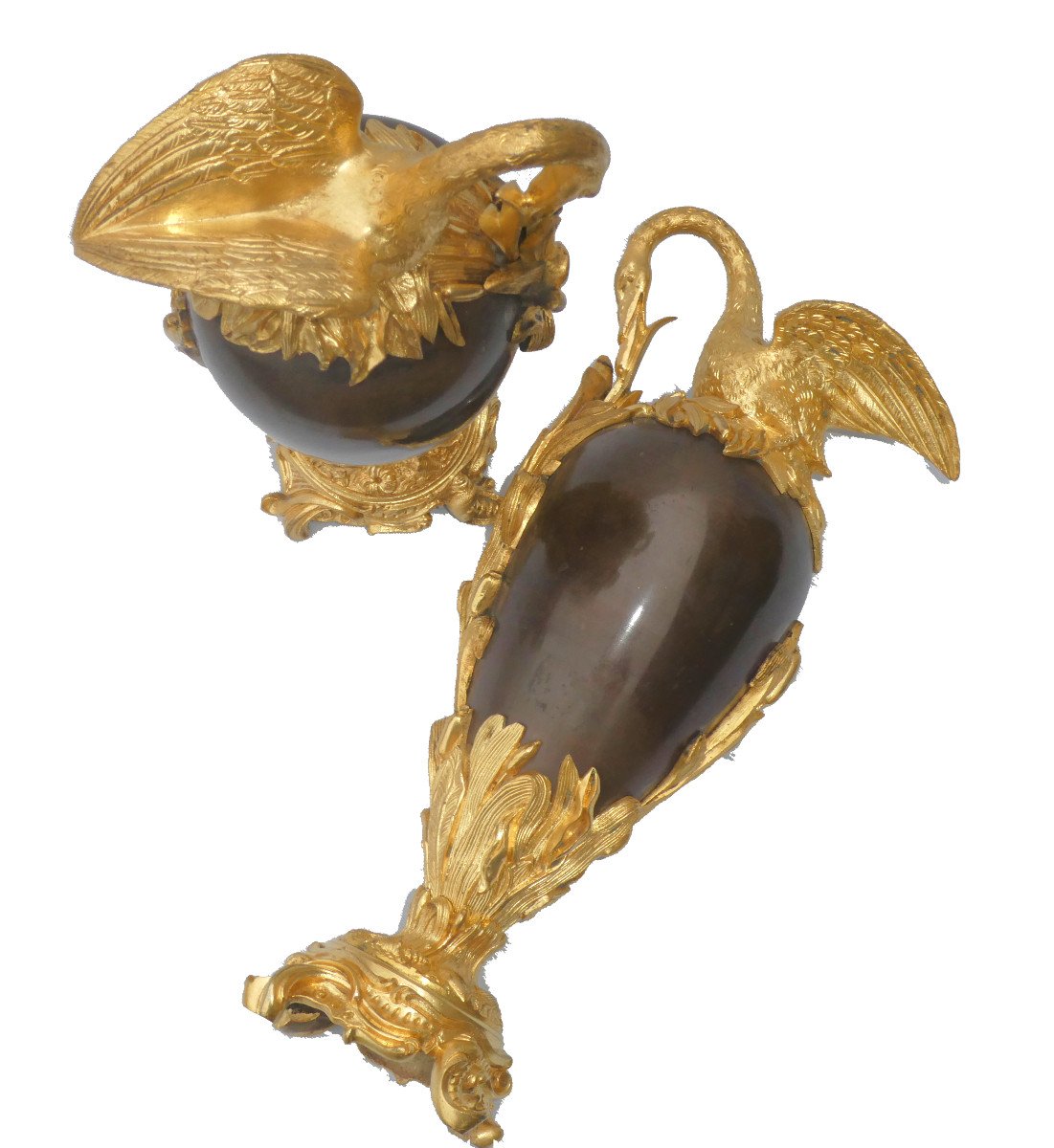 Paire De Cassolettes En Bronze Doré , époque Napoléon III Aiguieres XIXe , Cygne Style Empire-photo-1