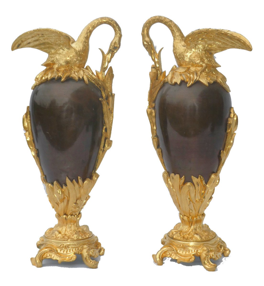 Paire De Cassolettes En Bronze Doré , époque Napoléon III Aiguieres XIXe , Cygne Style Empire-photo-2