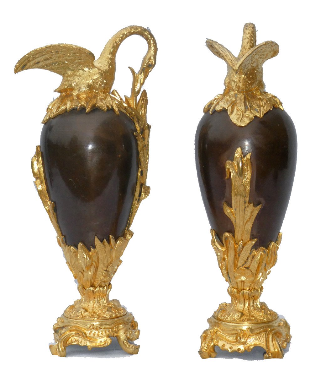 Paire De Cassolettes En Bronze Doré , époque Napoléon III Aiguieres XIXe , Cygne Style Empire-photo-4