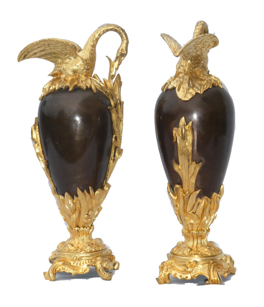 Paire De Cassolettes En Bronze Doré , époque Napoléon III Aiguieres XIXe , Cygne Style Empire-photo-5