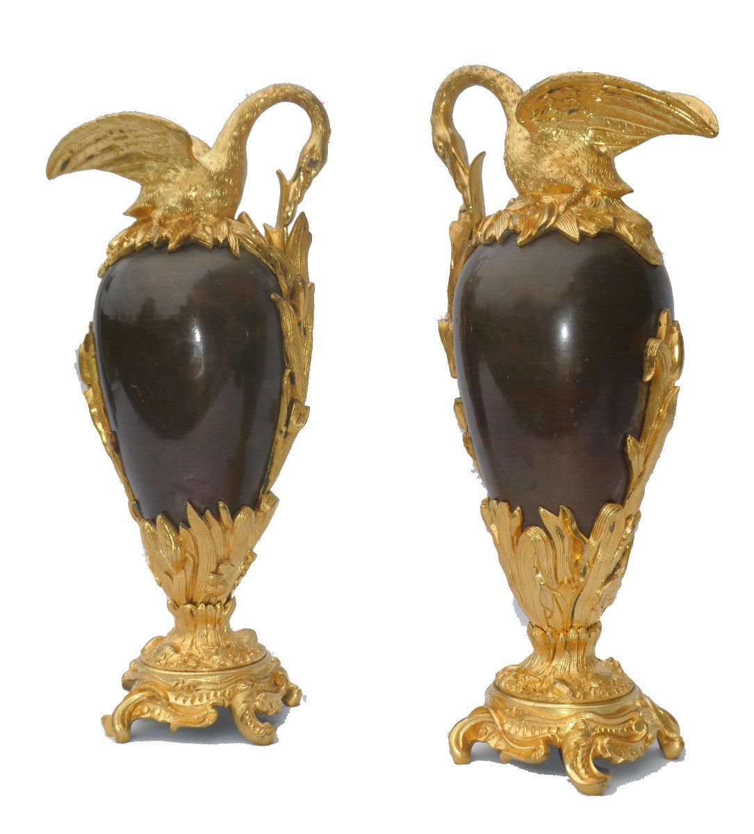 Paire De Cassolettes En Bronze Doré , époque Napoléon III Aiguieres XIXe , Cygne Style Empire