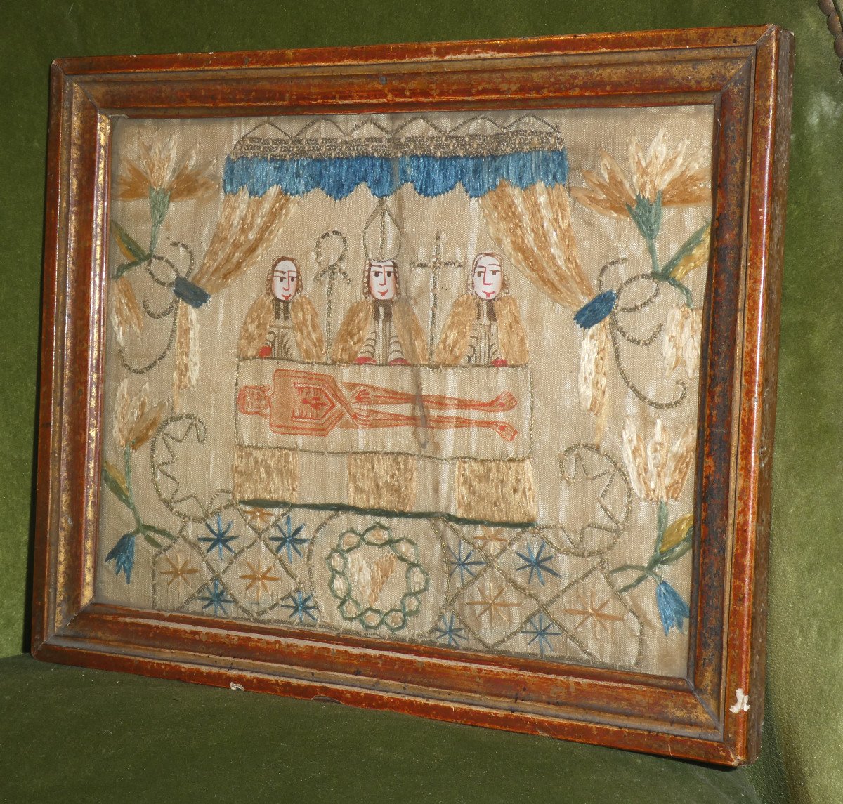 Religious Embroidery On Silk Around 1700 18th Century, Holy Shroud Of Besançon, Reliquary, Painting