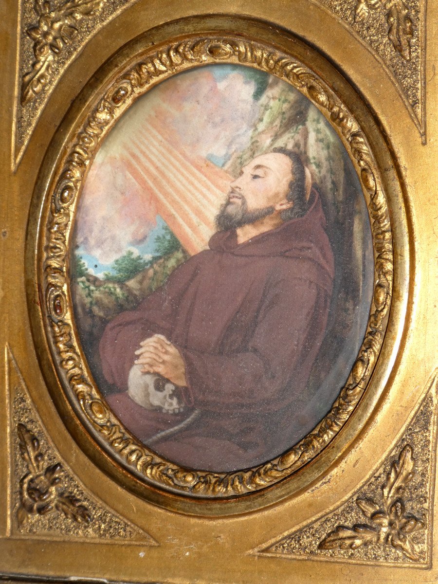 Religious Gouache, 18th Century, Saint Francis Of Assisi, Vanity, Crane, Golden Frame-photo-2