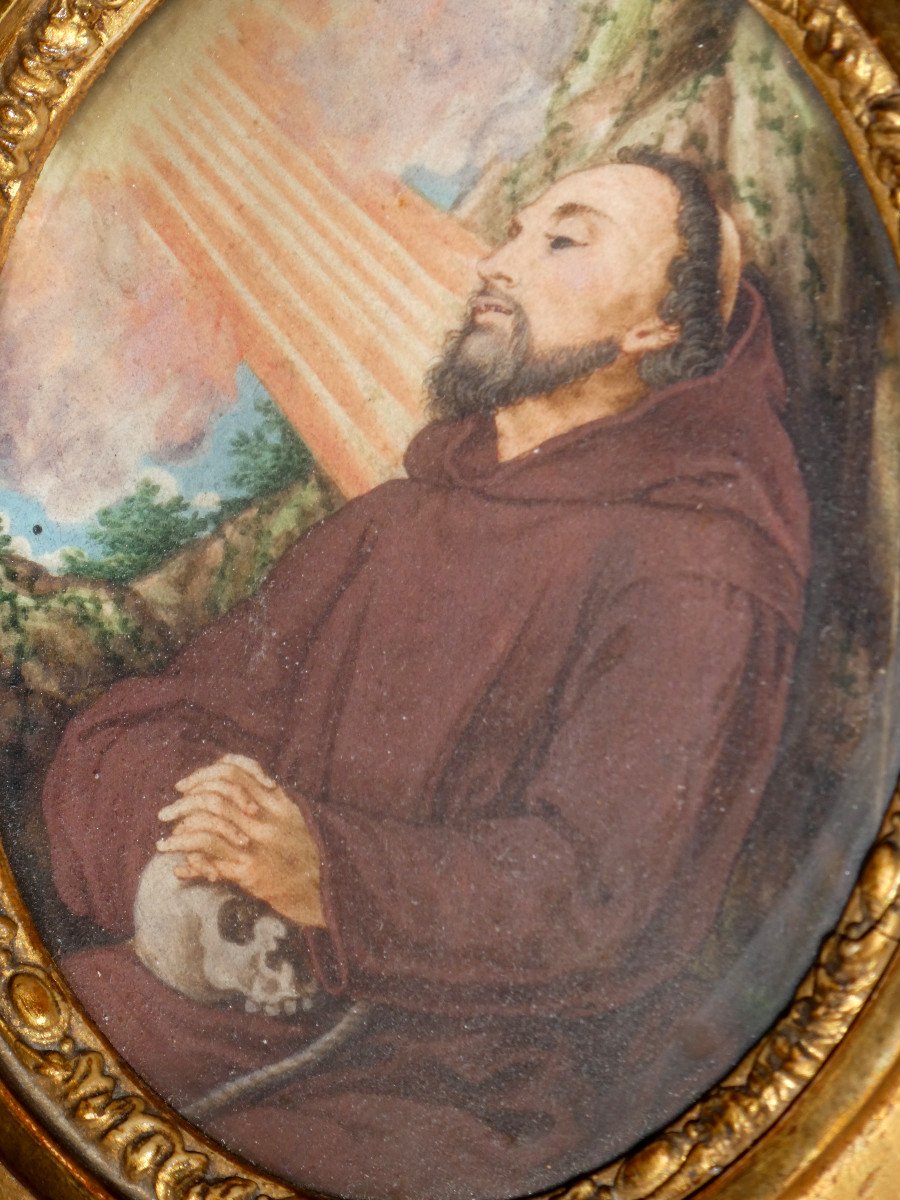 Religious Gouache, 18th Century, Saint Francis Of Assisi, Vanity, Crane, Golden Frame-photo-3