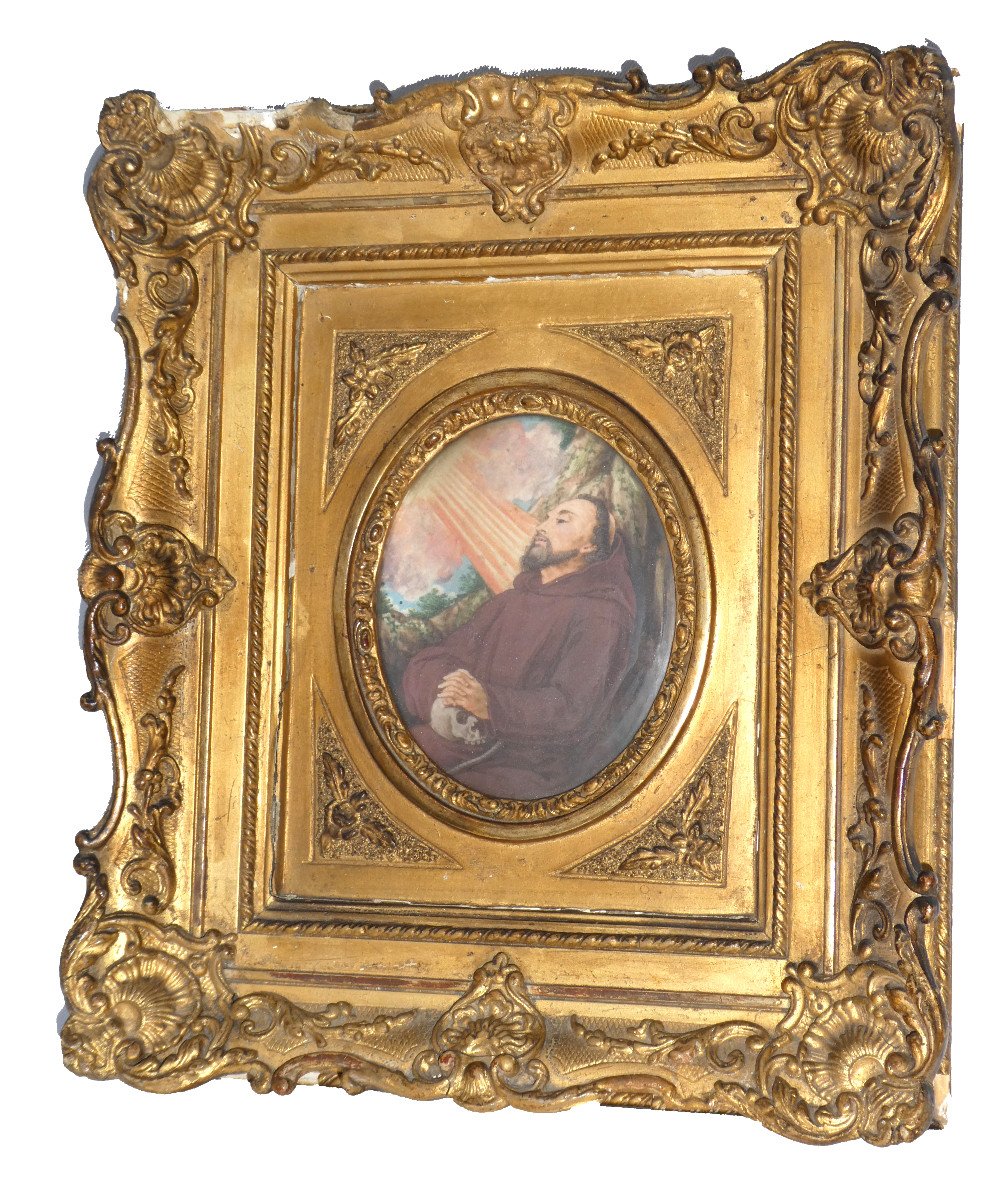 Religious Gouache, 18th Century, Saint Francis Of Assisi, Vanity, Crane, Golden Frame