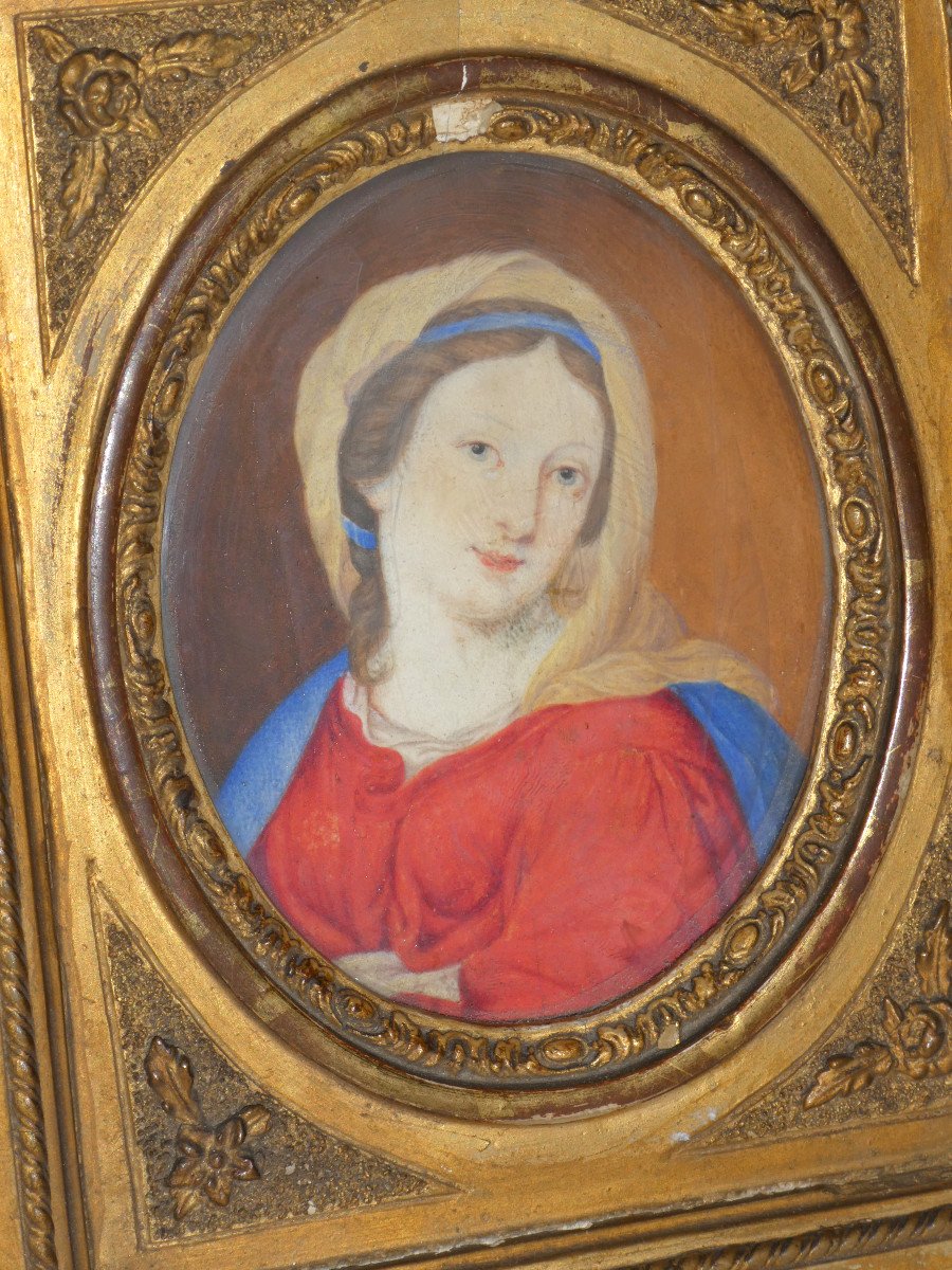 Religious Gouache, 18th Century, Holy Virgin, Napoleon III Gilded Stucco Frame-photo-2