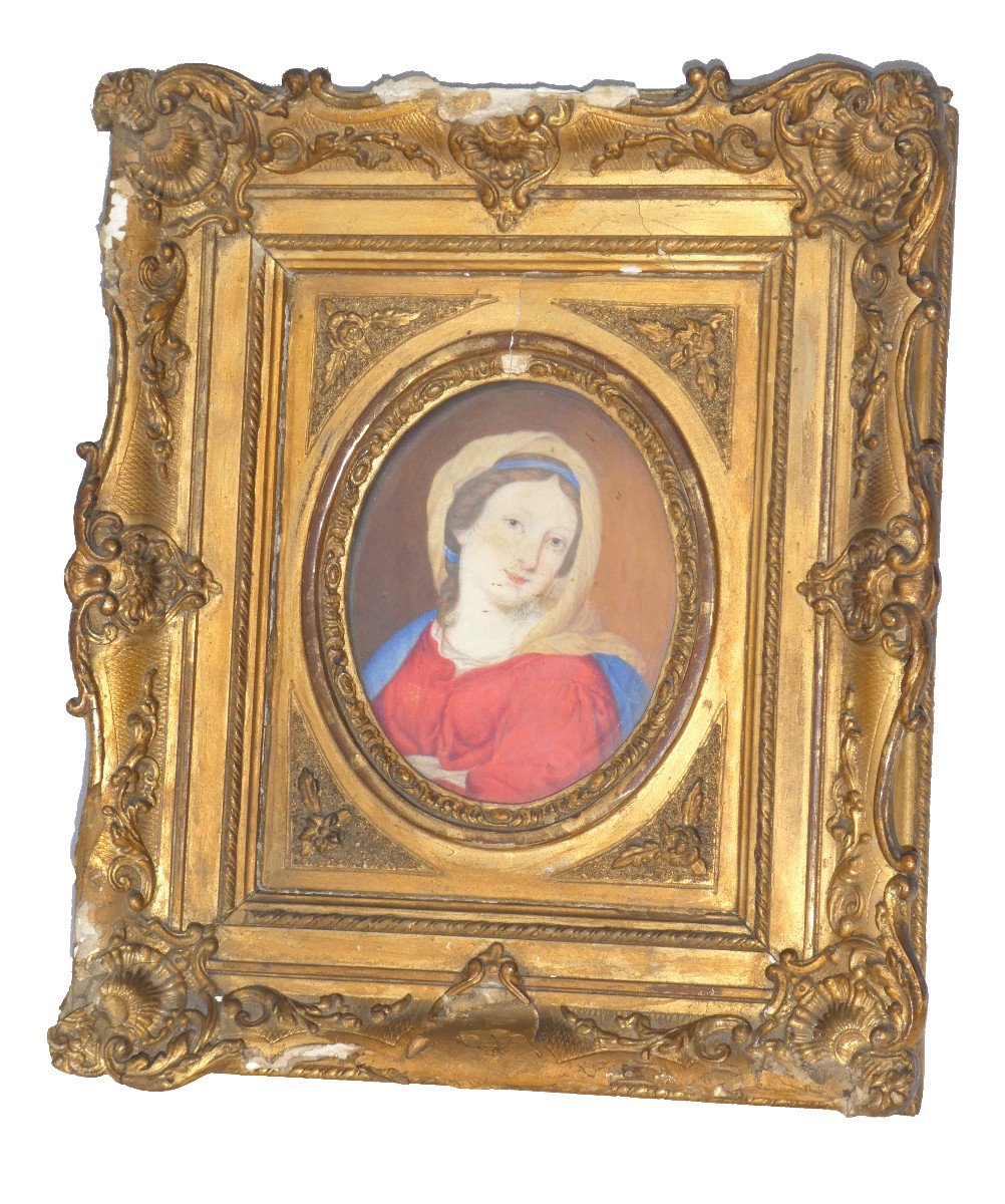 Religious Gouache, 18th Century, Holy Virgin, Napoleon III Gilded Stucco Frame