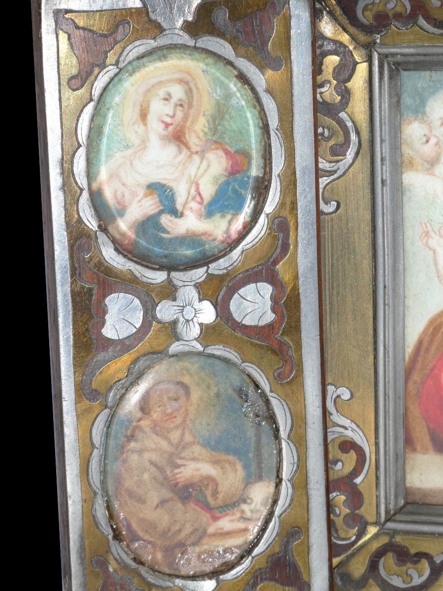 Religious Triptych, Gouaches, 19th Century Miniatures, Saint Charles Borromeo, Joseph, Christopher-photo-1