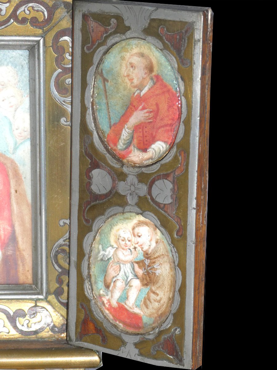 Religious Triptych, Gouaches, 19th Century Miniatures, Saint Charles Borromeo, Joseph, Christopher-photo-2