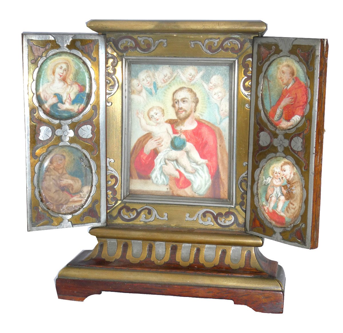 Religious Triptych, Gouaches, 19th Century Miniatures, Saint Charles Borromeo, Joseph, Christopher