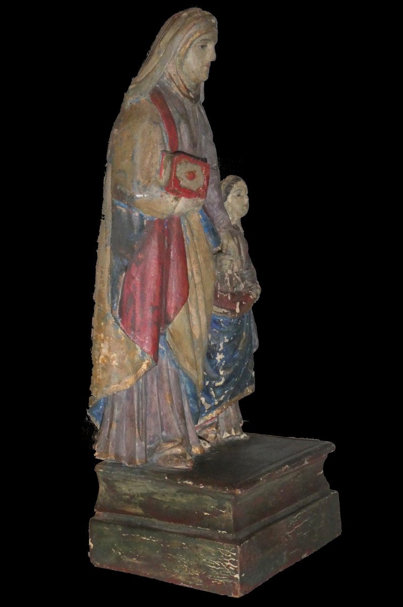 Religious Sculpture In Polychrome Wood, 18th Century Period, Saint Anne And The Virgin -photo-3